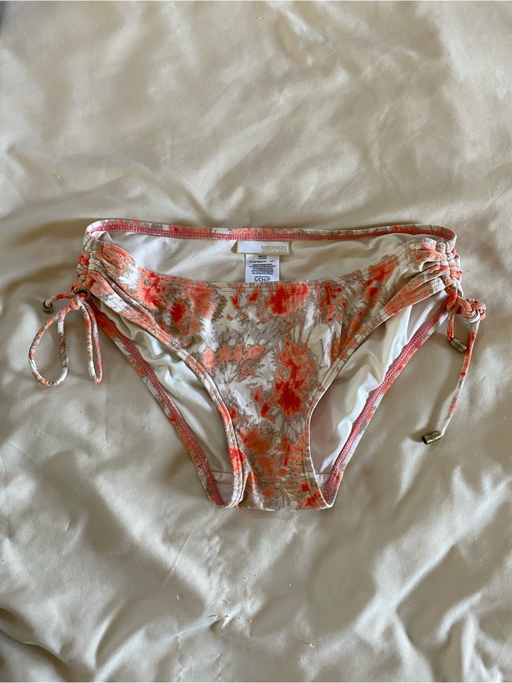 Michael Kors Coral and Beige Ruched Side-Tie Bikini Bottoms